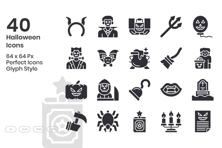 40 Halloween Icons Set - Glyph
