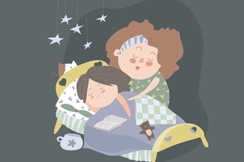 Mom kisses daughter at bedtime. Vector 
