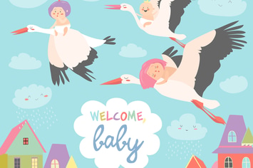 Storks is flying in the sky with babies 