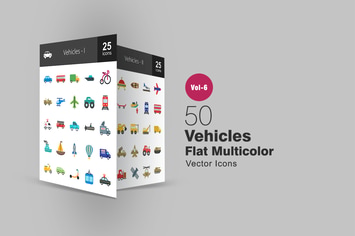 50 Vehicles Flat Multicolor Icons