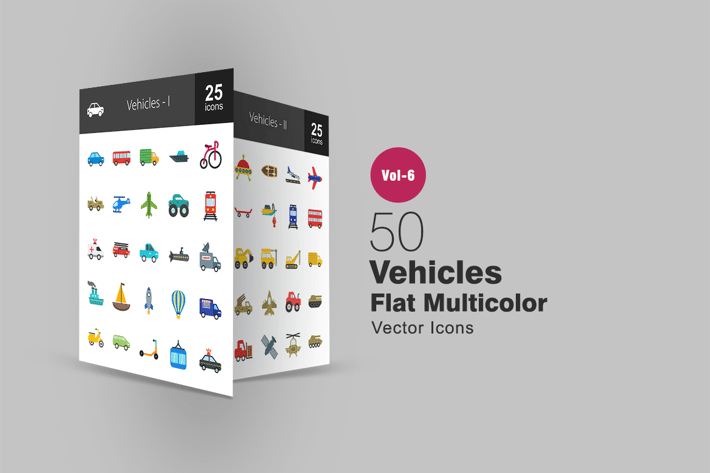 50 Vehicles Flat Multicolor Icons