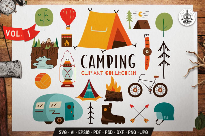 Travel Clip Art Collection. Camping Icons Set