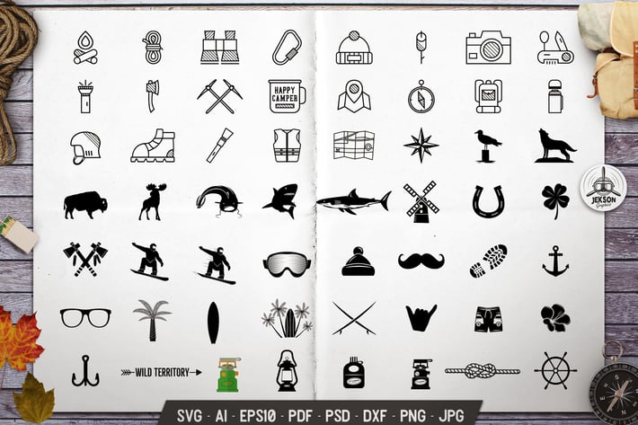 Travel Icons Set Silhouette, Line Vector Graphic