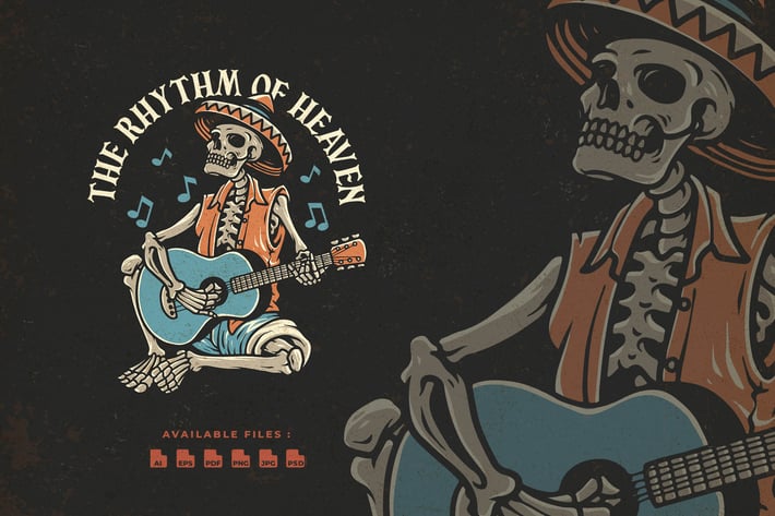 Skull Playing Guitar Hand Drawn Logo