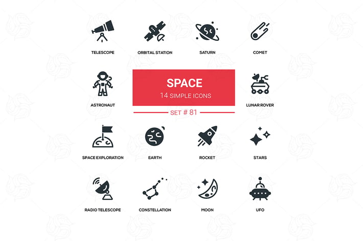 Space concept - line design silhouette icons set