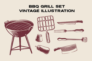 BBQ & Grill Set Vintage Illustration