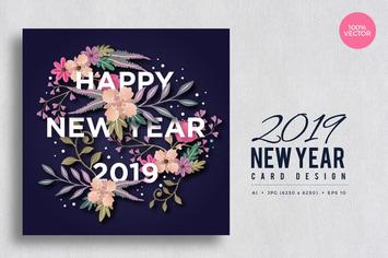 Happy New Year 2019 Floral Vector Card Vol.5