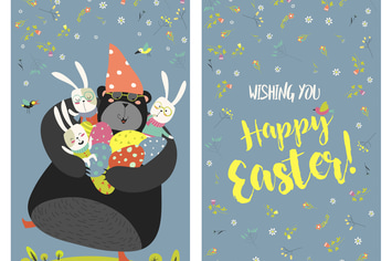 Greeting card with bunnies,bear and easter eggs
