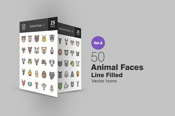50 Animal Faces Line Filled Icons
