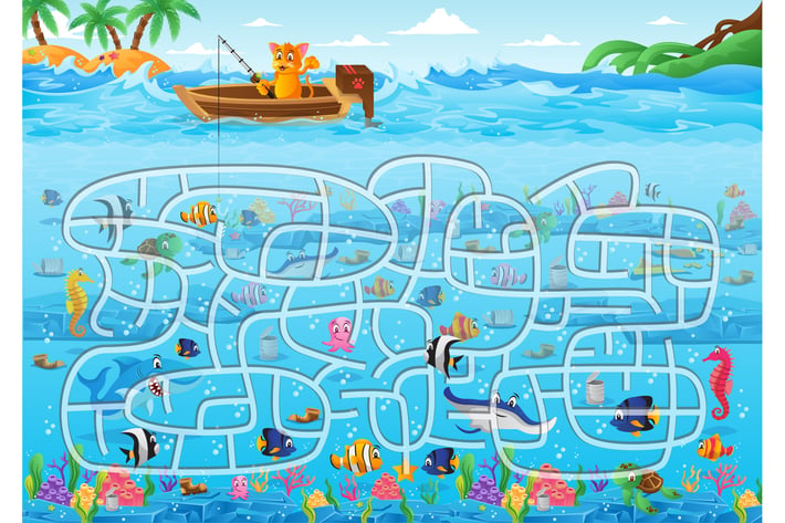 Fishing Maze Puzzle Vector Game Illustration