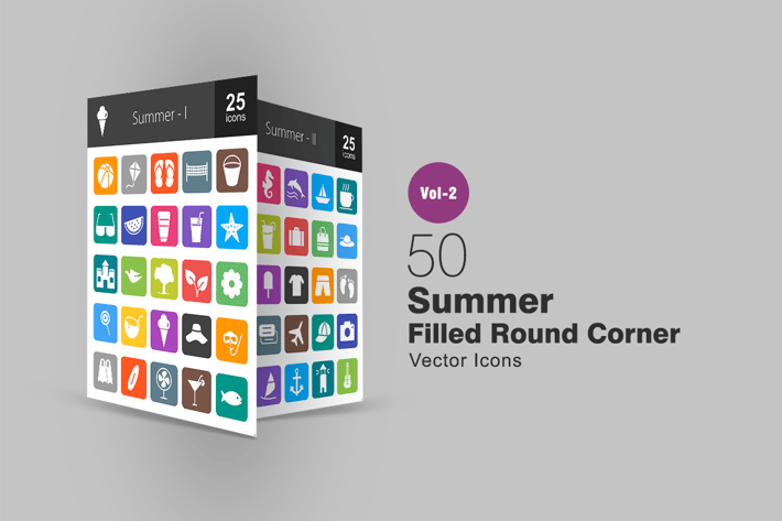 50 Summer Filled Round Corner Icons