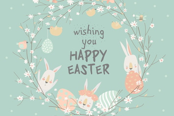 Cartoon Easter wreath with cute rabbits and Ester 