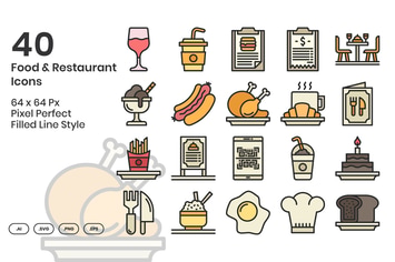40 Food & Restaurant Icons Set - Filled Line