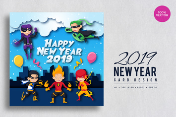 Children Superhero Happy New Year 2019 Vector Card
