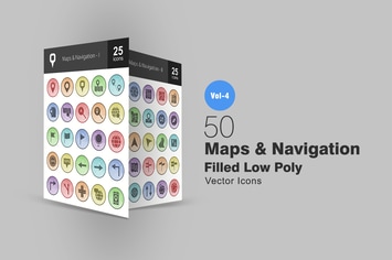 50 Maps & Navigation Filled Low Poly Icons