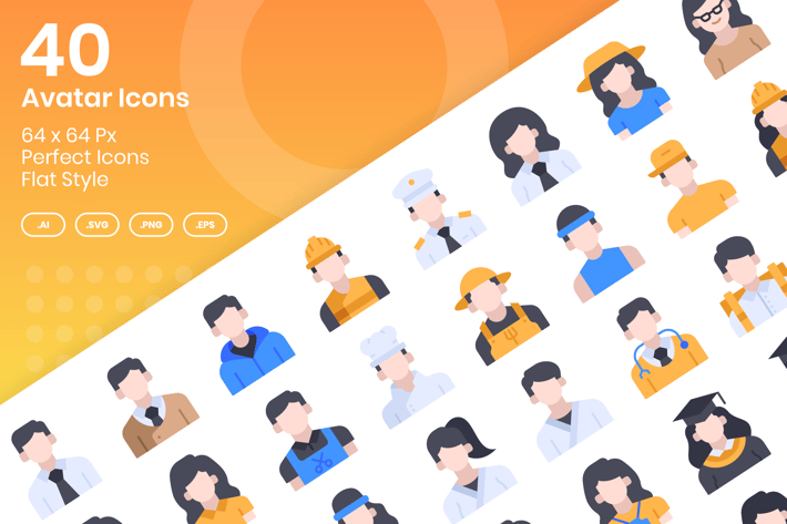 40 Avatar Icons Set - Flat