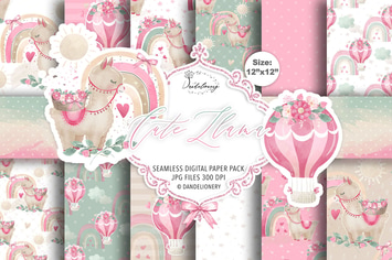 Hot Air Balloon Rainbow Llama Girl digital papers