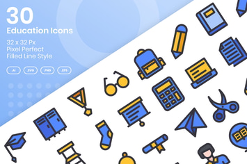 30 Education Icons Set - Filled Line