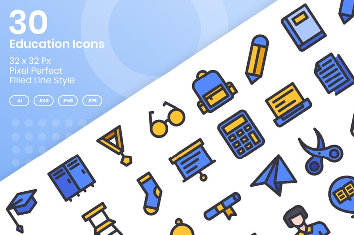 30 Education Icons Set - Filled Line