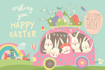 Cute cartoon bunnies driving a car with easter egg