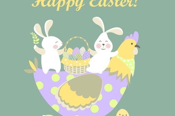Easter bunnies,chicken and easter eggs. Vector 