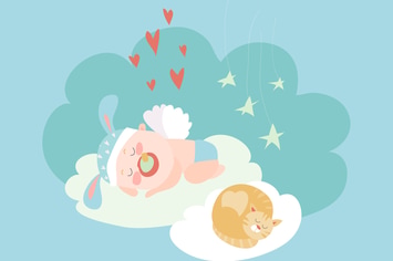 Cute baby angel sleeping with cat. Vector