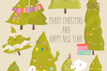 Set of cartoon Christmas trees. Vector illustratio