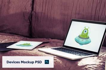 Laptop and tablet in luxury interior - Mockup PSD