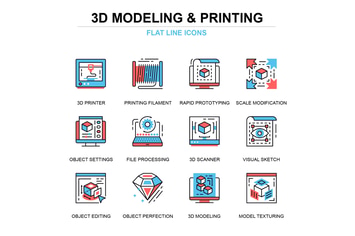 Thin line 3D printing and modeling icons set