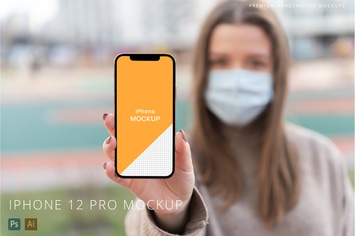 iPhone 12 Pro Person in Face Mask Mockup