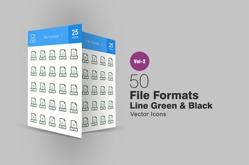 50 File Formats Line Green & Black Icons