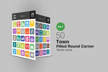 50 Town Filled Round Corner Icons
