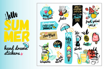 Set of hand drawn watercolor signs of summer.