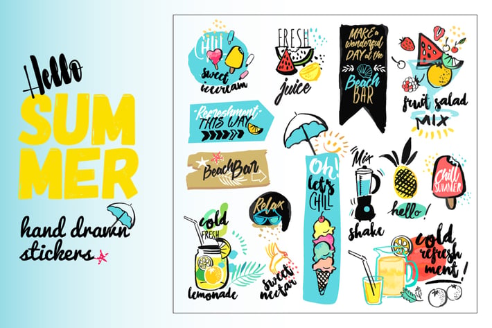 Set of hand drawn watercolor signs of summer.