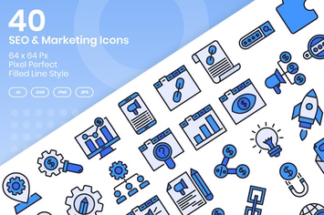 40 SEO & Marketing Icons Set - Filled Line