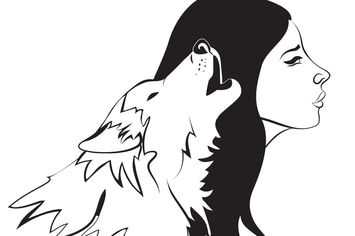 Beautiful woman and wolf. Vector monochrome 