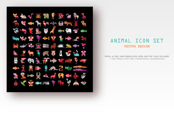 Animal vector icon set isolated on a black