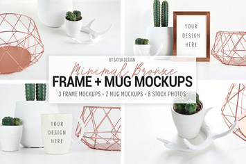 Picture frame and mug mockups, Minimal bronze 