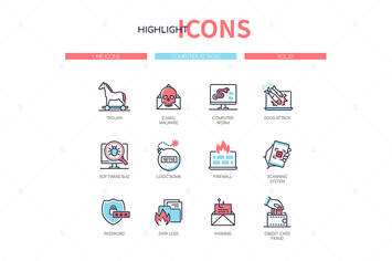 Computer attacks - line design style icons set