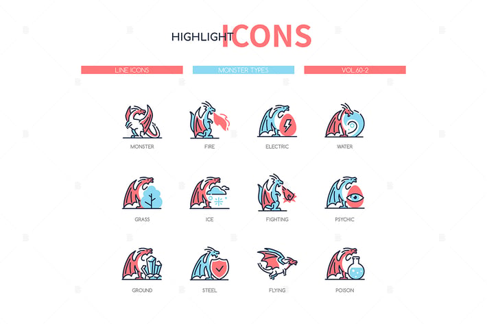 Monster types - line design style icons set