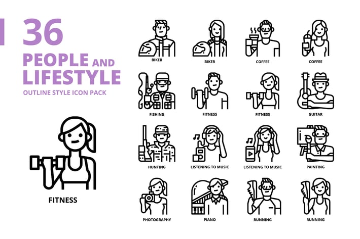 People and Lifestyle Outline Style Icon Set