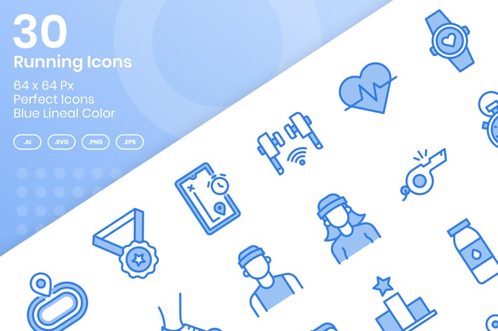 30 Running Icons Set - Blue Lineal Color