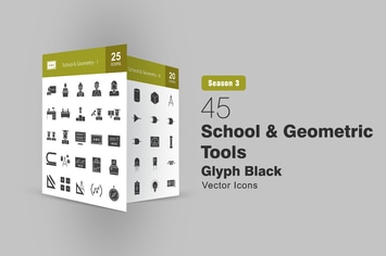45 School and Geometric Tools Glyph Icons