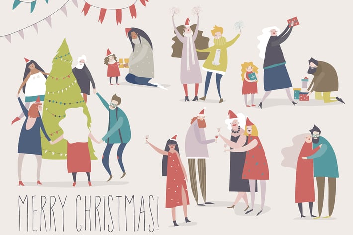 Happy people celebrate Christmas. Joyful emotions.