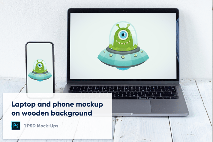 Laptop and Phone on White Wooden Background Mockup