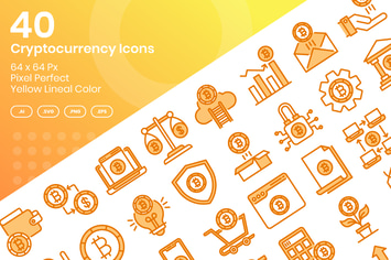 40 Cryptocurrency Icons Set - Yellow Lineal Color