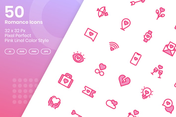 50 Romance Icons Set - Pink Lineal Color