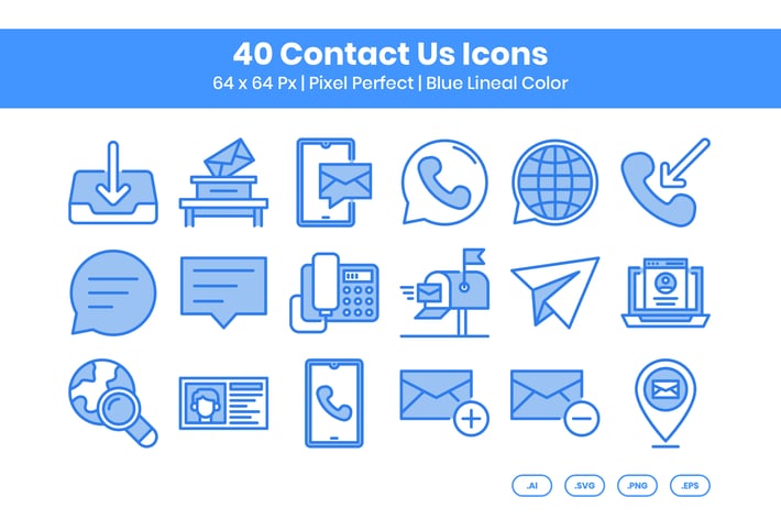 40 Contact Us Icons Set - Blue Lineal Color