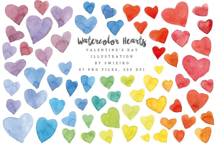Watercolor Rainbow Hearts, Valentine's Day