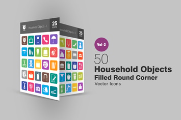 50 Household Objects Filled Round Corner Icons